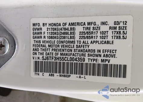 2012 Honda Crosstour 2.4 Ex-L from USA, damaged, VIN 5J6TF3H55CL004359